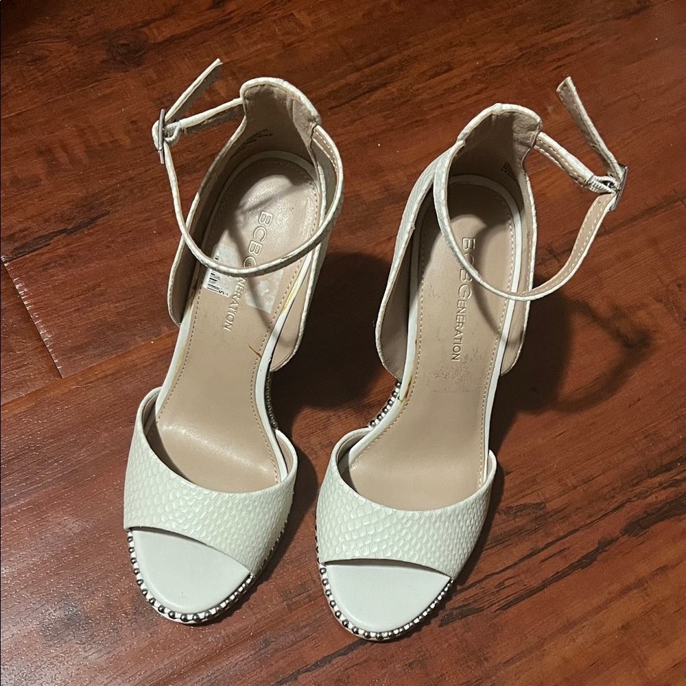 BCBGeneration White Ankle Strap Heels